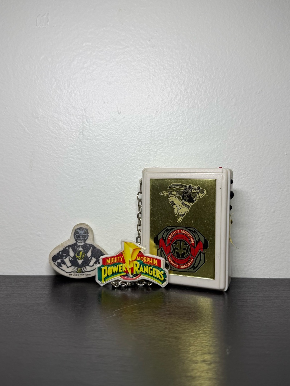 Vintage 1990s Mighty Morphin Power Rangers Black Ranger Beeper Toy & Eraser Set